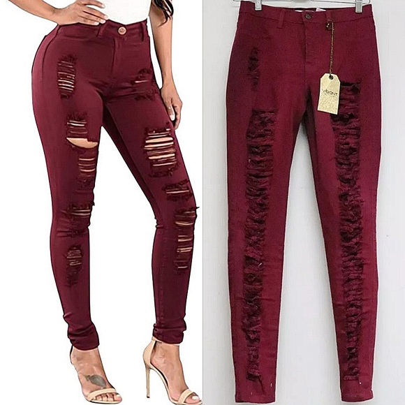 ☆Vibrant Miu Burgundy Red Extreme Distressed Skinny Jeans☆ - Picture 2 of 2